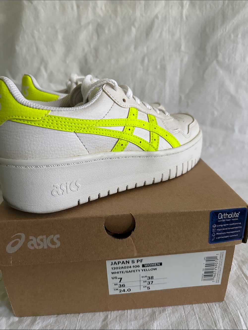 Asics JAPAN S PF Size 7 White Platform Sneakers with Safety Yellow Stripes
